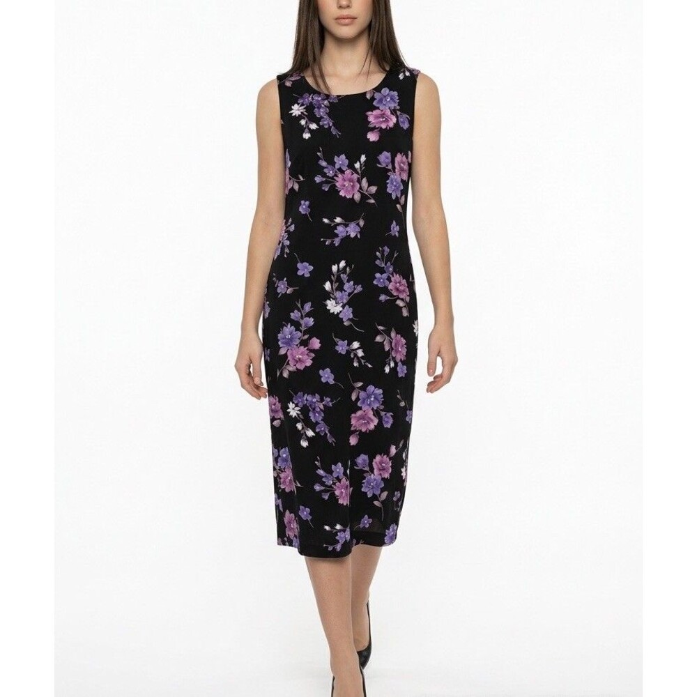 Vintage Women Floral Midi Dress Size 12 Black Scoop Neck Sleeveless